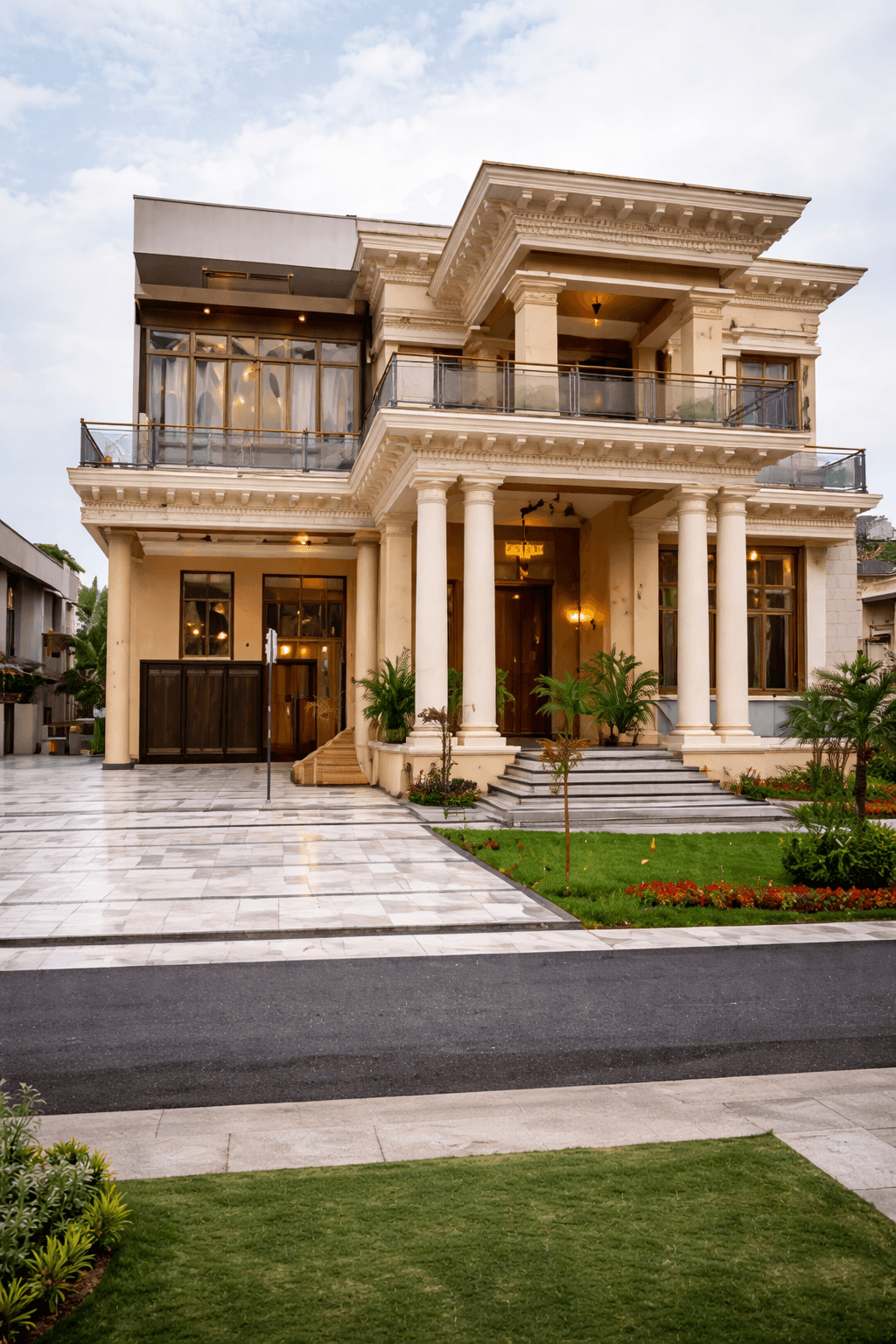 Completed two-floor residence with a wide frontage and landscaped entry