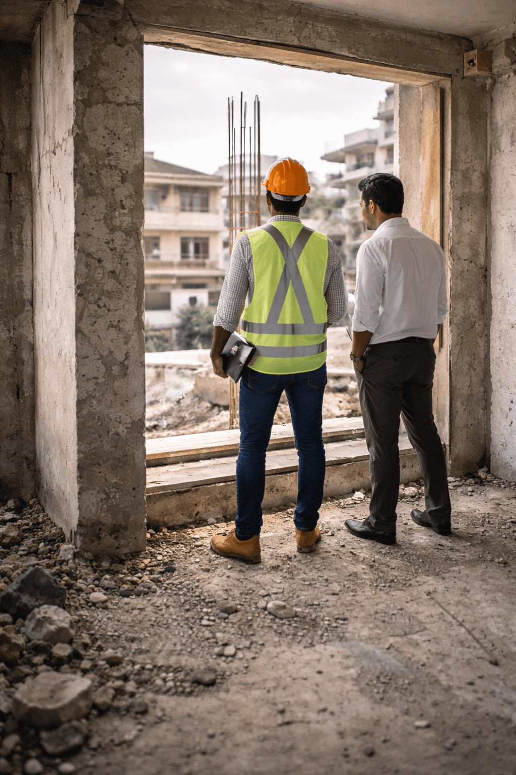 Client and site supervisor reviewing construction progress inside the structure